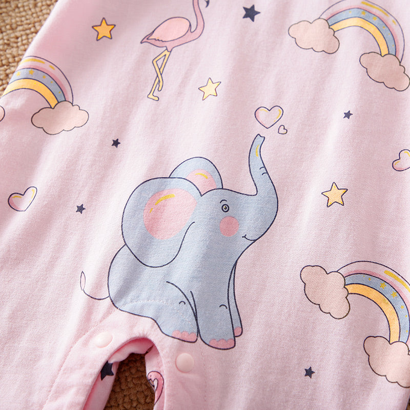 Cute Elephant Pigeon Print Romper Babysuit- Red