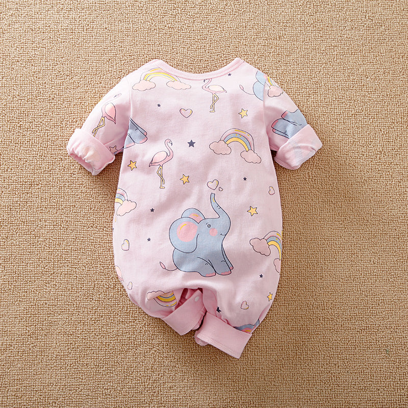 Cute Elephant Pigeon Print Romper Babysuit- Red