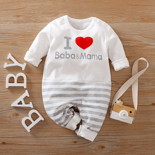 White and Grey striped Baby Romper with a Red heart