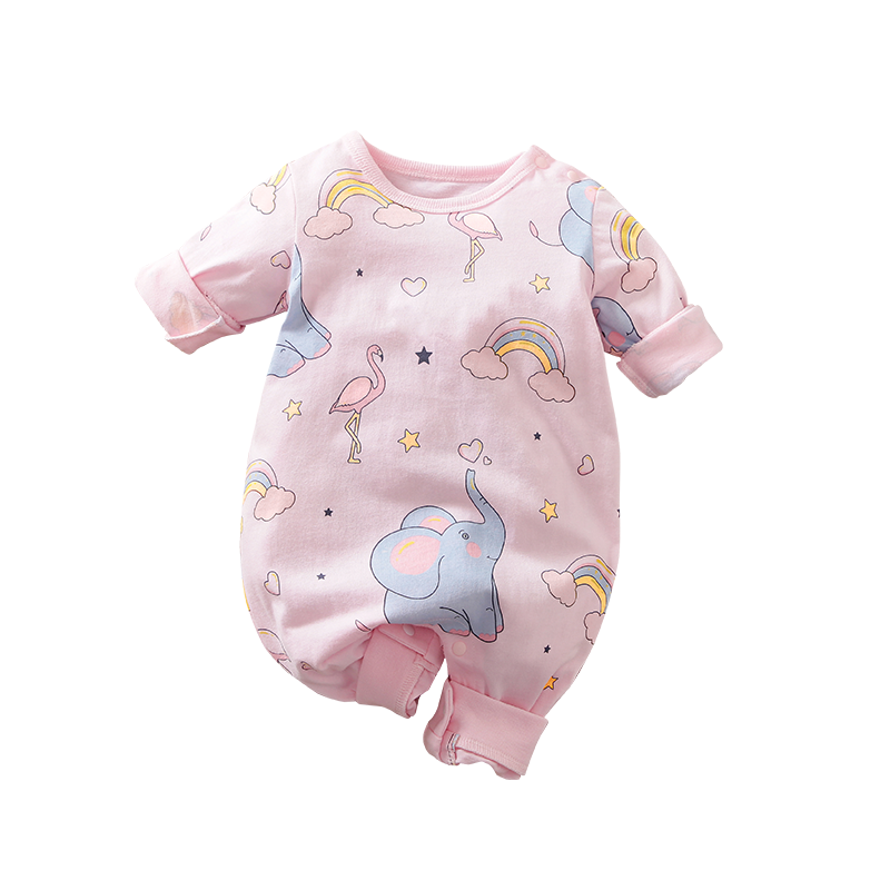 Cute Elephant Pigeon Print Romper Babysuit- Red